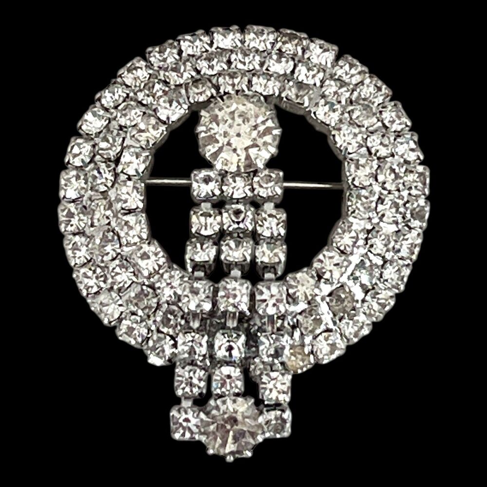 Vintage 1950s Rhinestone Circle Brooch Wreath Pin Crystal Silver Tone - 6D